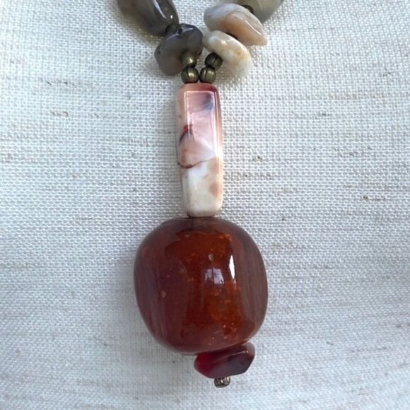 Artisan Natural Stone Beaded Boho 26" Boho Necklace Amber Colored Glass Pendant - Picture 6 of 16